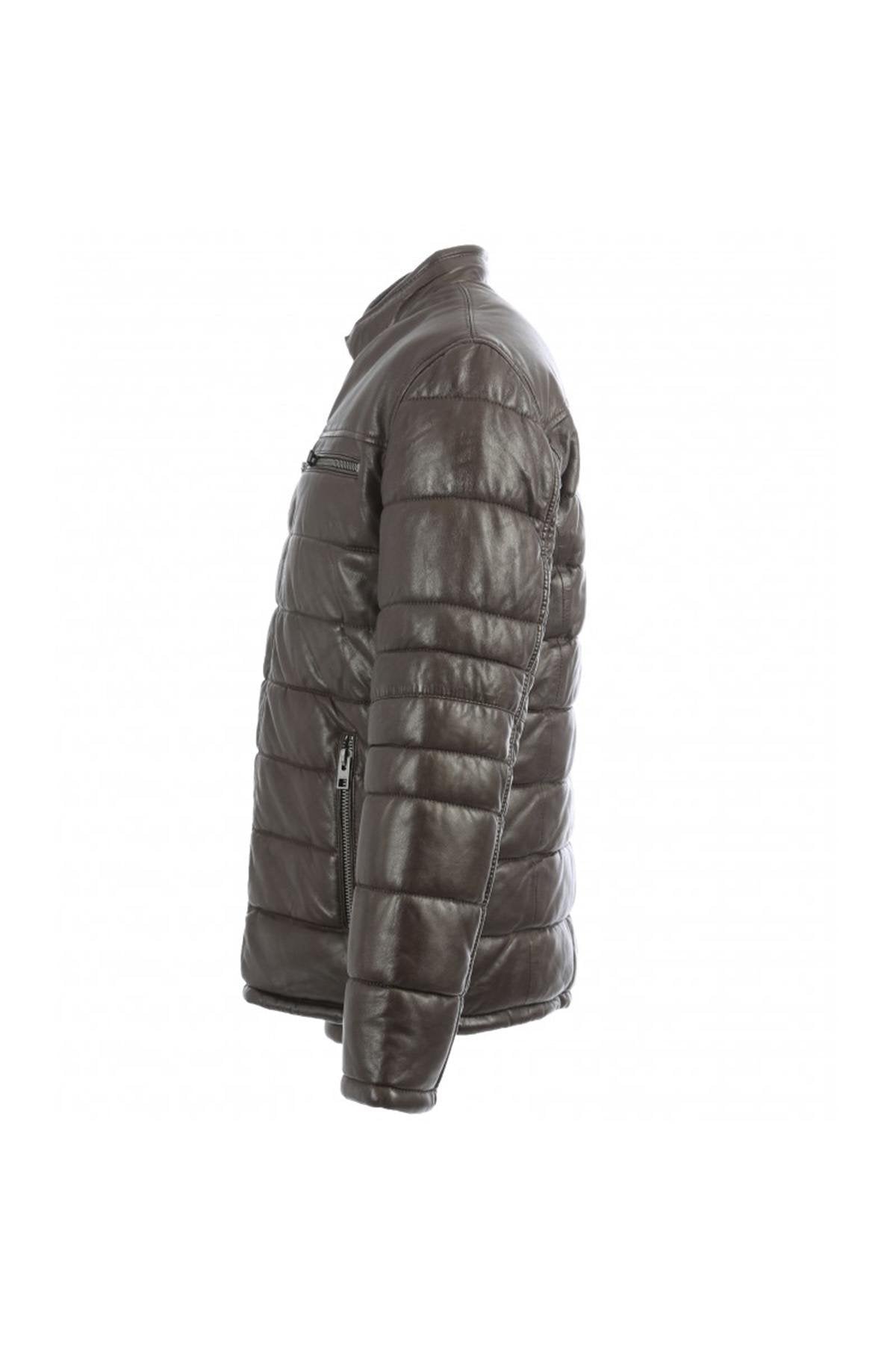 Dark brown shearling jacket with biker collar and quilted panels. - Image n°11