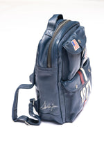 Racing-style backpack in navy blue leather - Image n°4