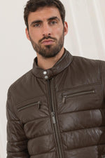 Dark brown shearling jacket with biker collar and quilted panels. - Image n°8