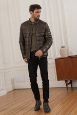 Dark brown shearling jacket with biker collar and quilted panels. - Image n°2