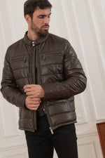 Dark brown shearling jacket with biker collar and quilted panels. - Image n°3