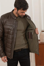 Dark brown shearling jacket with biker collar and quilted panels. - Image n°4