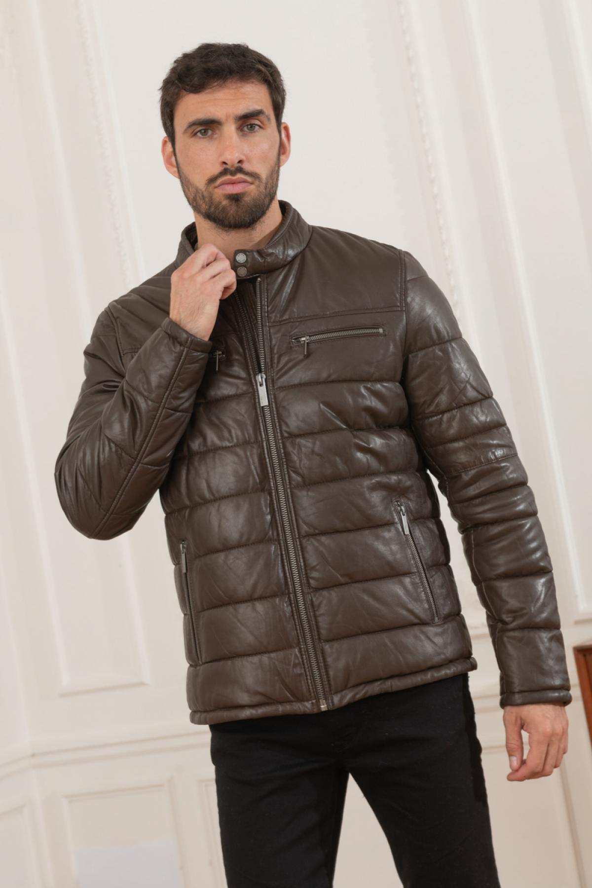 Dark brown shearling jacket with biker collar and quilted panels. - Image n°1