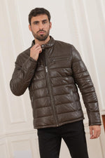 Dark brown shearling jacket with biker collar and quilted panels. - Image n°1