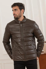 Dark brown shearling jacket with biker collar and quilted panels. - Image n°7