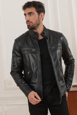 Black lambskin biker jacket, slim fit, matelassé shoulders. - Image n°3