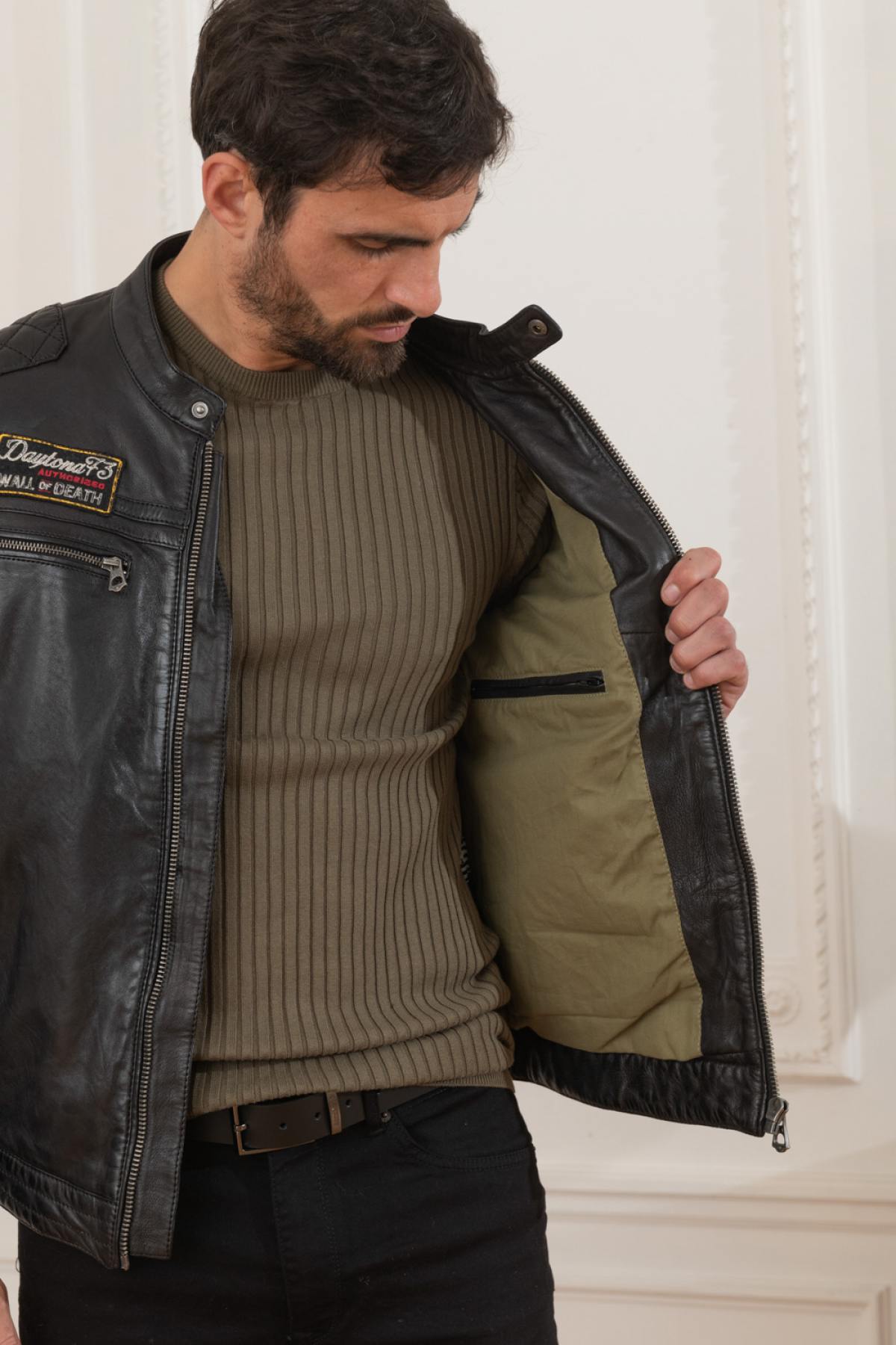 Lamb leather jacket with biker collar - Image n°4