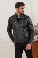 Black lambskin biker jacket, slim fit, matelassé shoulders. - Image n°5