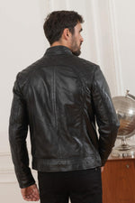 Black lambskin biker jacket, slim fit, matelassé shoulders. - Image n°7