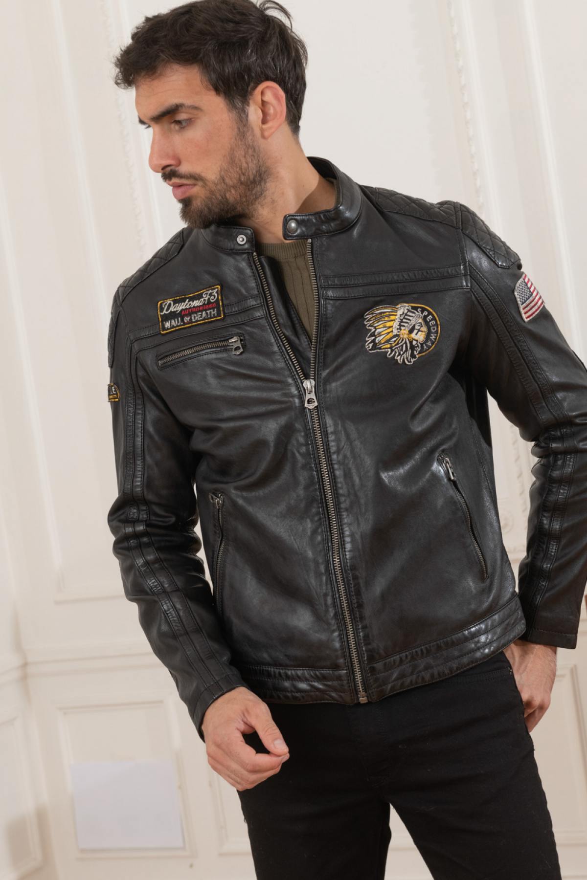 Lamb leather jacket with biker collar - Image n°1