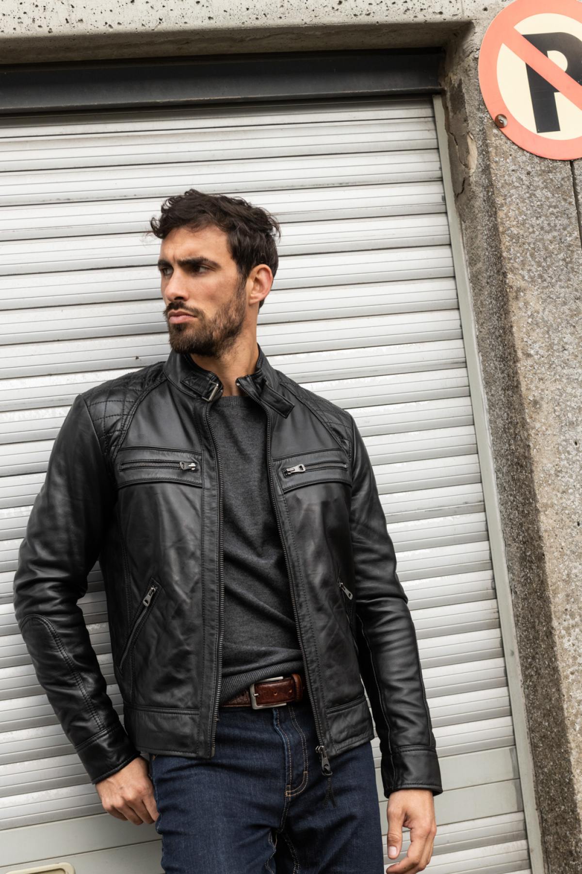 Black lambskin biker jacket, slim fit, matelassé shoulders. - Image n°11