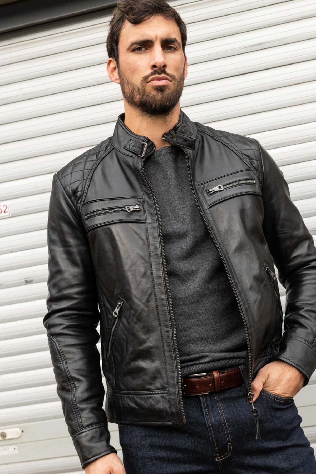 Black lambskin biker jacket, slim fit, matelassé shoulders. - Image n°1