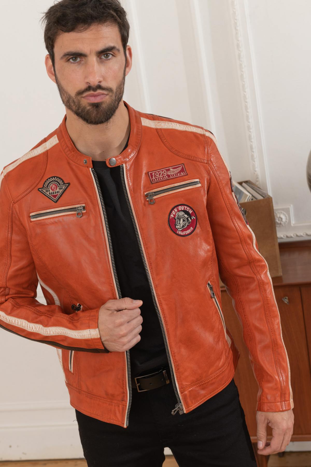 Orange biker-inspired leather jacket - Image n°3