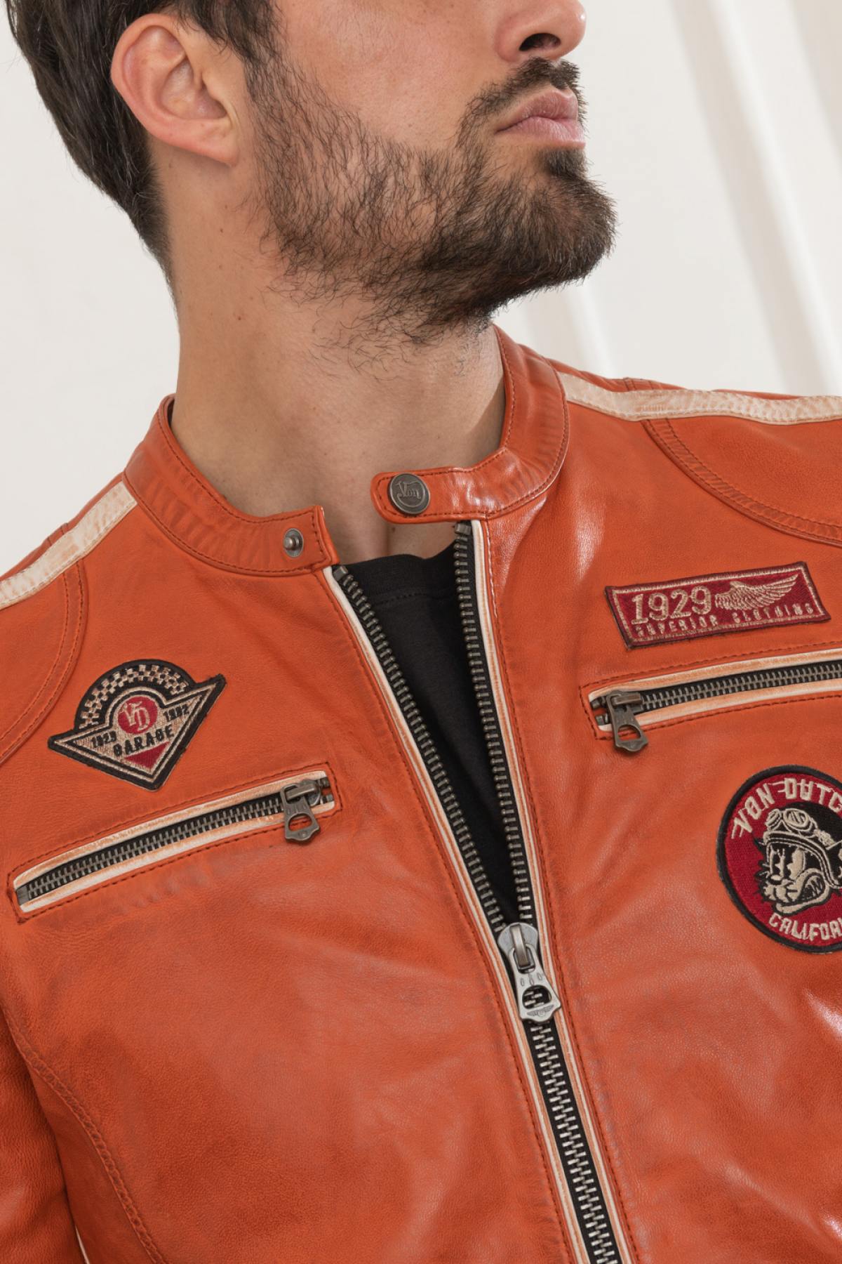 Orange biker-inspired leather jacket - Image n°4