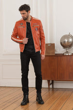 Orange biker-inspired leather jacket - Image n°2
