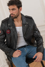 Black genuine leather biker Biker Jacket - Image n°1