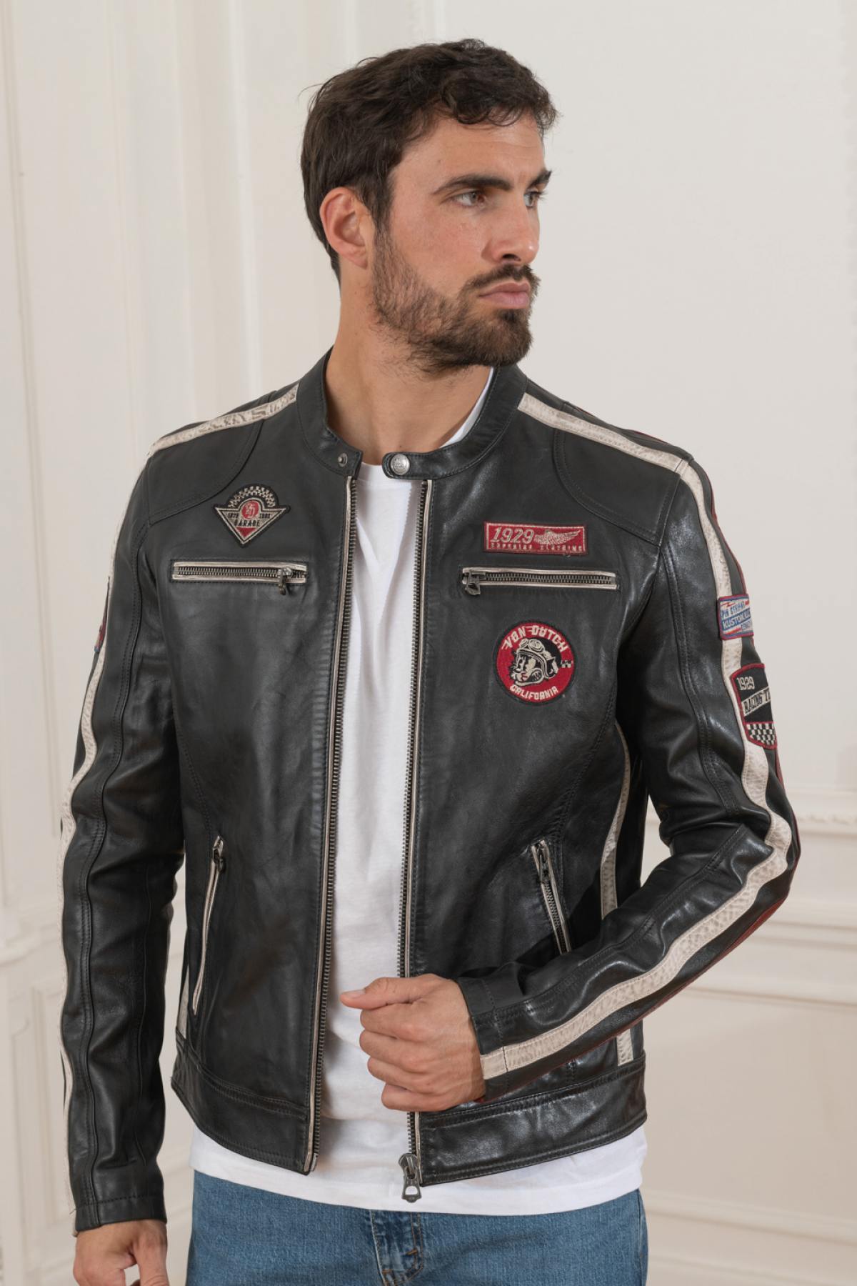 Dark gray racer-inspired leather jacket - Image n°5