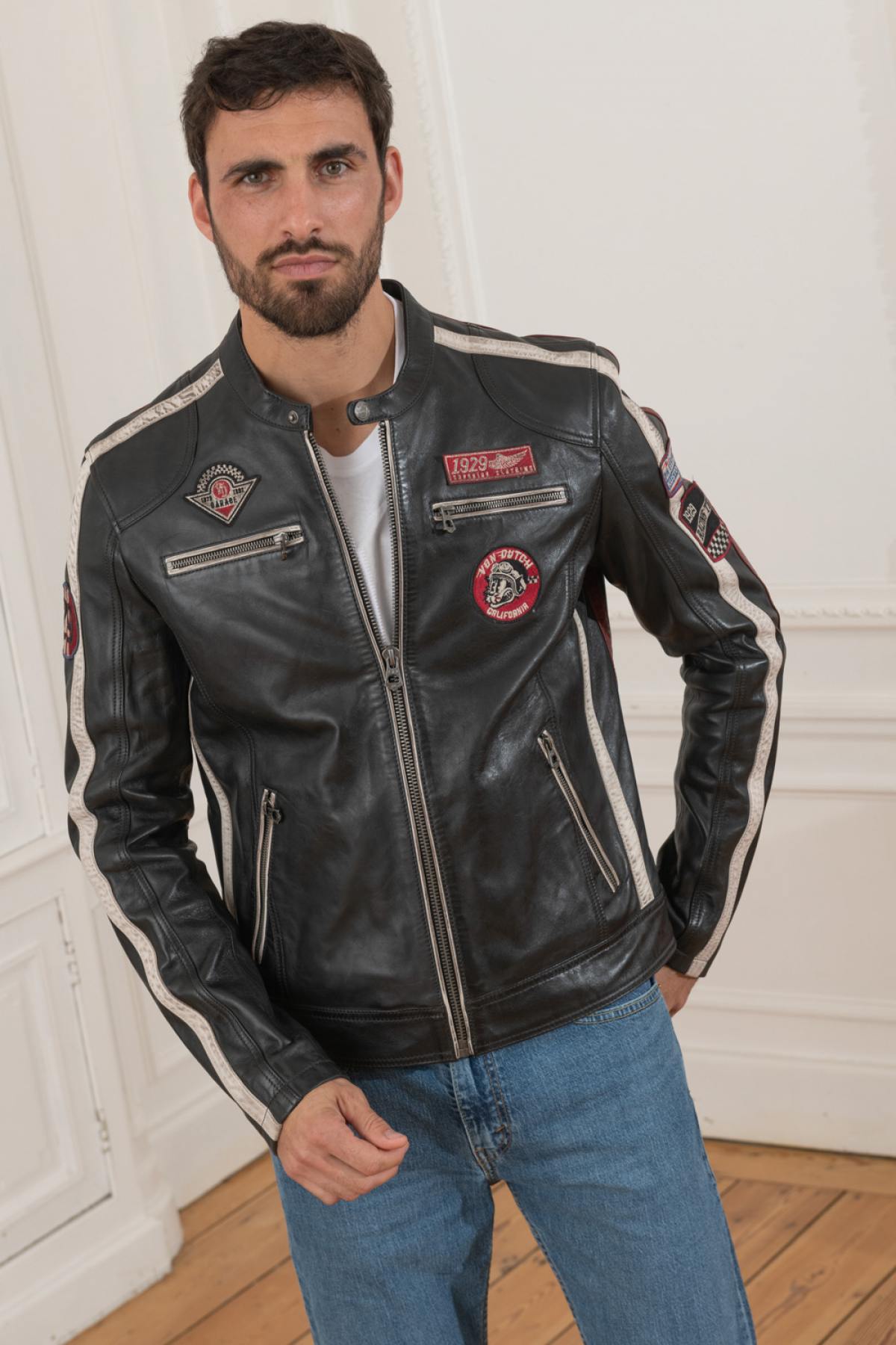 Dark gray racer-inspired leather jacket - Image n°6