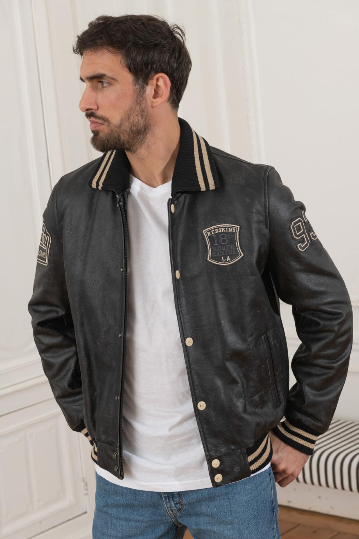 Redskins' cowhide leather jacket with striped collar and ribbed trims. - Image n°7