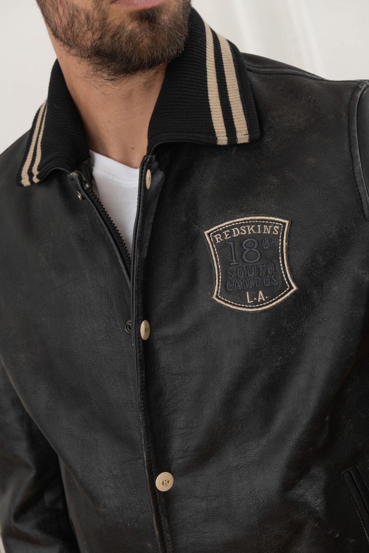 Redskins' cowhide leather jacket with striped collar and ribbed trims. - Image n°3