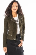 Khaki goat suede biker jacket, slim fit with press-stud cuffs. - Image n°1