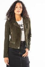 Khaki goat suede biker jacket, slim fit with press-stud cuffs. - Image n°1