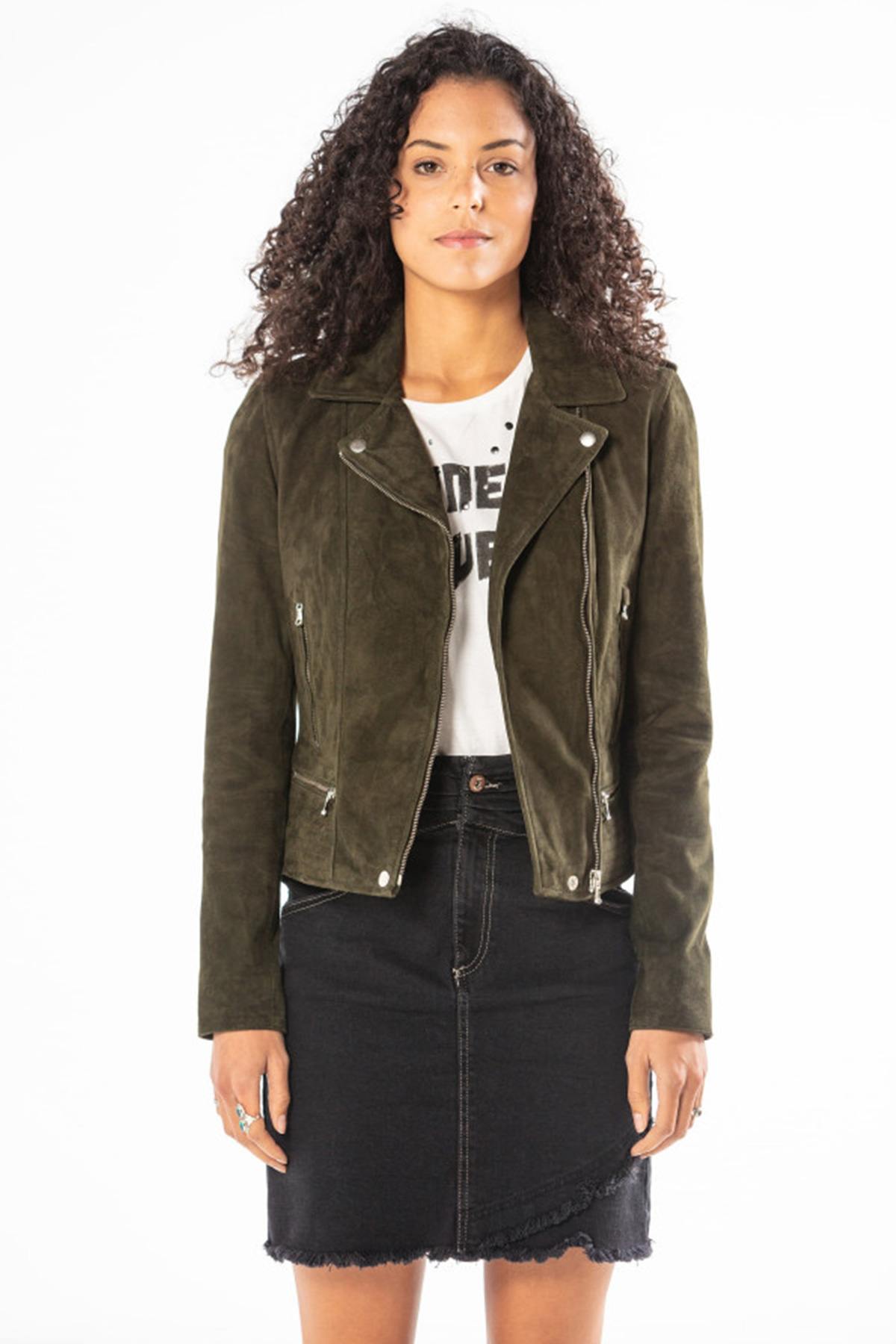 Khaki goat suede biker jacket, slim fit with press-stud cuffs. - Image n°6