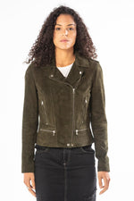Khaki goat suede biker jacket, slim fit with press-stud cuffs. - Image n°3