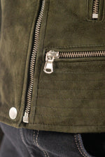 Khaki goat suede biker jacket, slim fit with press-stud cuffs. - Image n°2