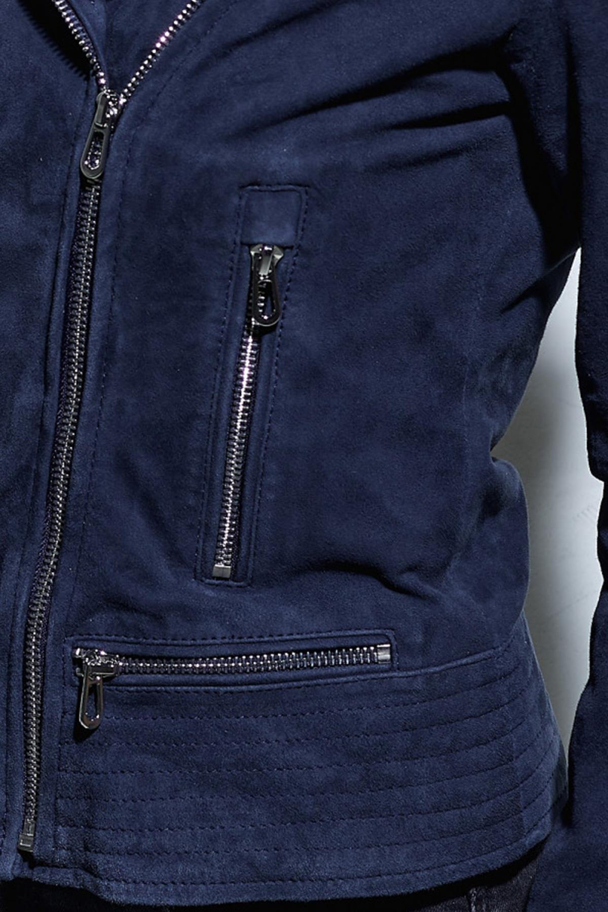 Slim-fit navy suede goatskin jacket, biker collar, silver accents. - Image n°2