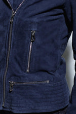 Slim-fit navy suede goatskin jacket, biker collar, silver accents. - Image n°2