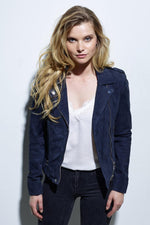 Slim-fit navy suede goatskin jacket, biker collar, silver accents. - Image n°3