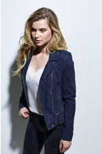Slim-fit navy suede goatskin jacket, biker collar, silver accents. - Image n°4