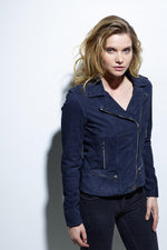 Navy blue velvet-look leather Biker Jacket - Image n°5