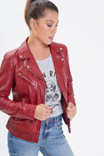 Women's Biker Jacket in shiny and waxed red leather - Image n°1