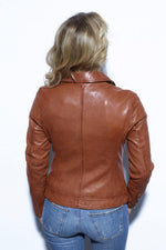 Cognac lambskin biker jacket with vinyl detailing and silver zips. - Image n°2