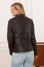 Rosy-brown sheepskin biker jacket with moto collar and zip cuffs. - Image n°5