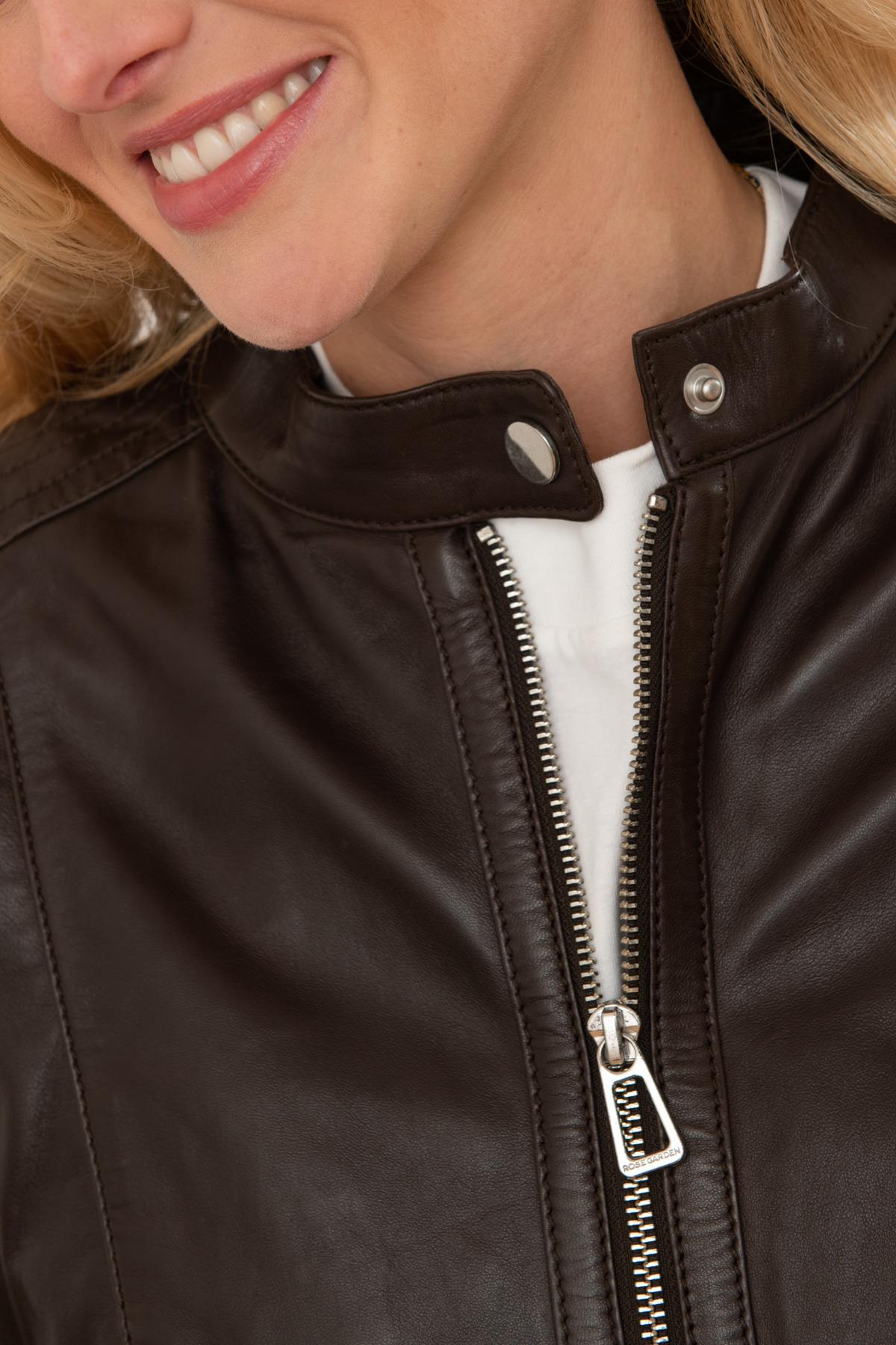 Rosy-brown sheepskin biker jacket with moto collar and zip cuffs. - Image n°6