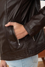 Rosy-brown sheepskin biker jacket with moto collar and zip cuffs. - Image n°7