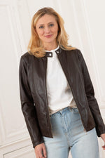 Rosy-brown sheepskin biker jacket with moto collar and zip cuffs. - Image n°3