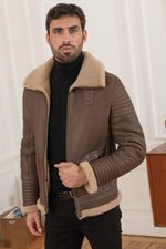 Brown shearling bomber, sleek and warm. Matelassé for winter style. - Image n°7