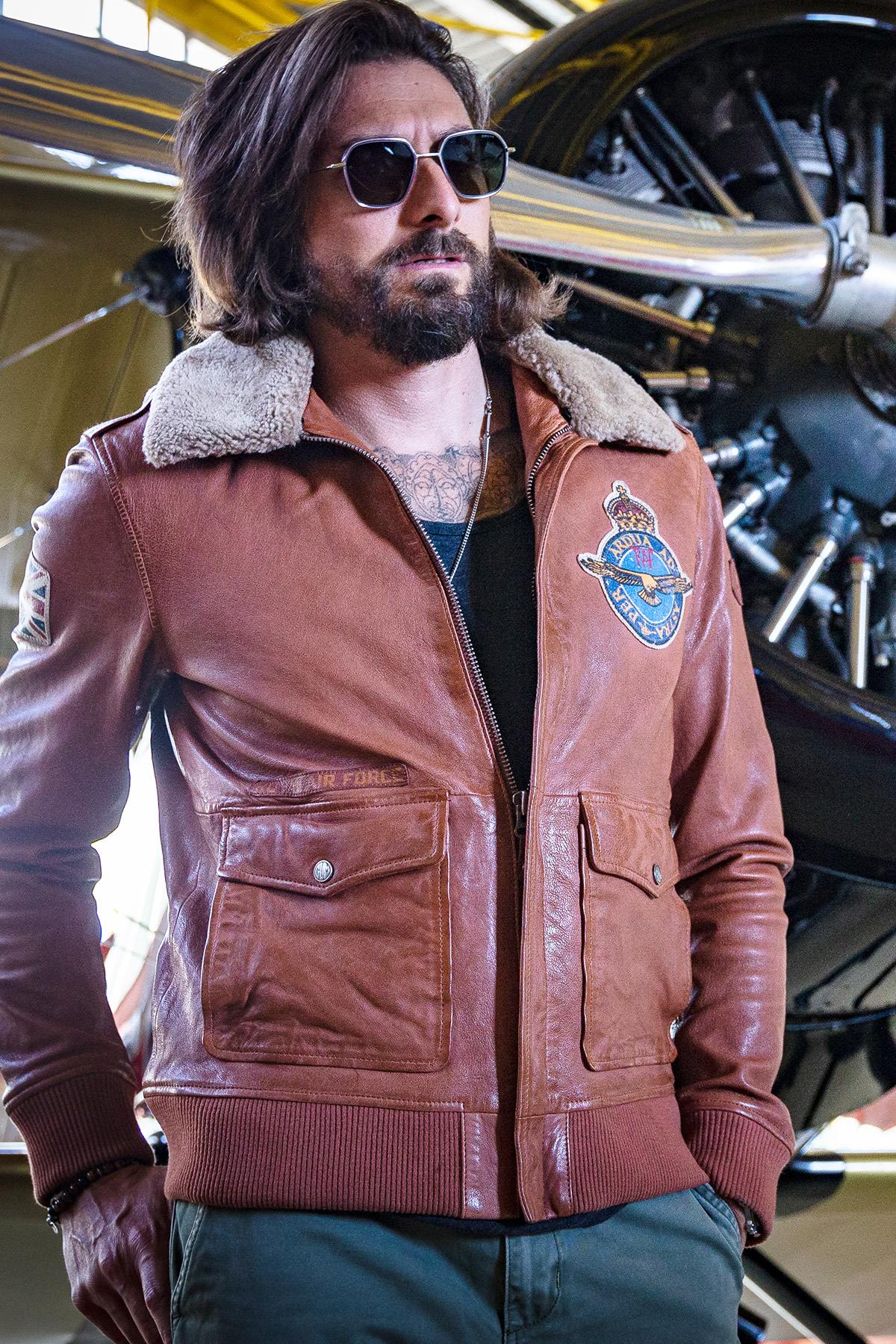 RAF-licensed lambskin aviator jacket with removable fur collar. - Image n°1