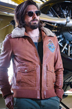 RAF-licensed lambskin aviator jacket with removable fur collar. - Image n°1