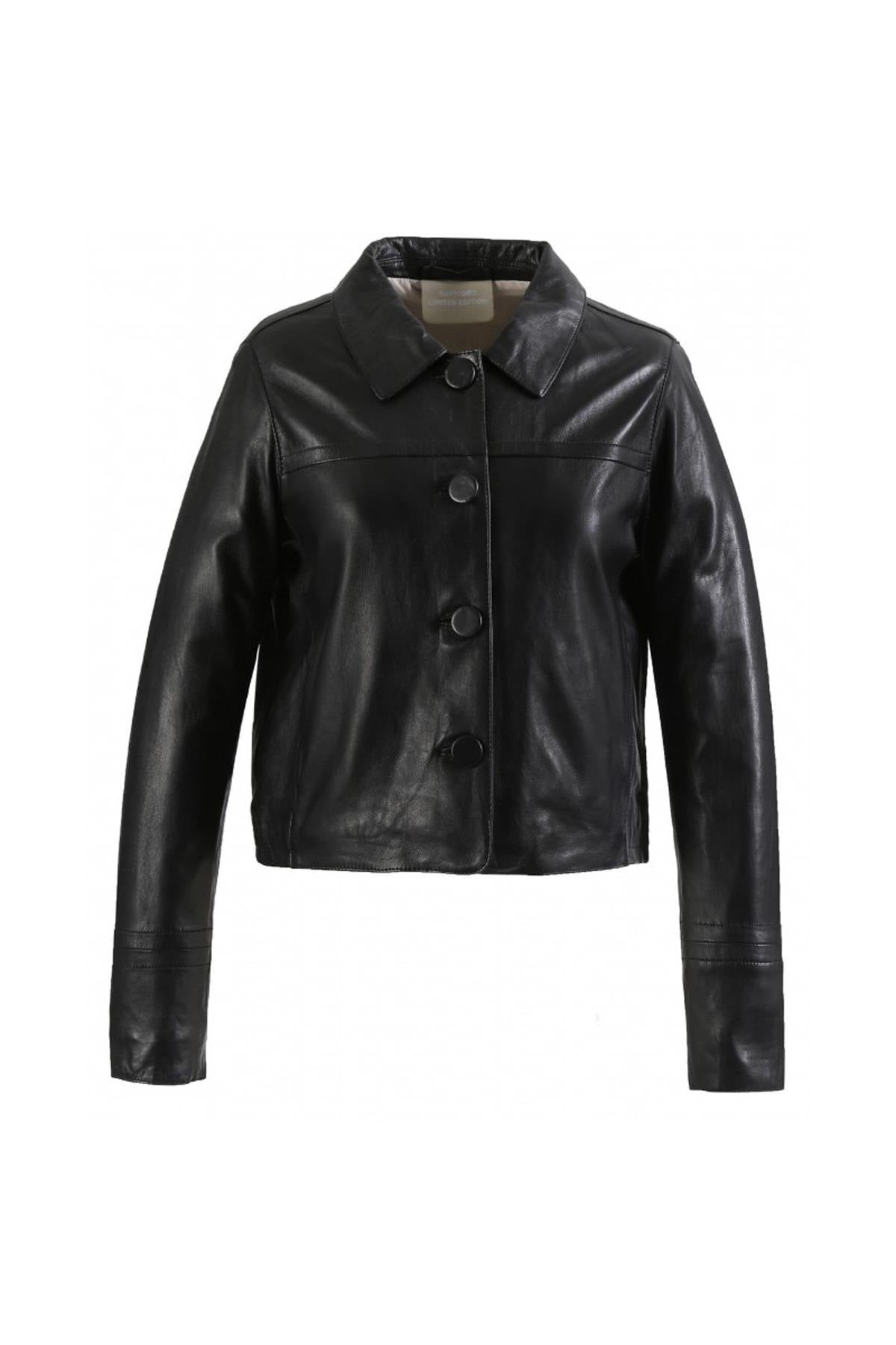 Cropped black sheep leather blazer-sharp, sensual, and bold. - Image n°6