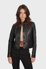 Cropped black sheep leather blazer-sharp, sensual, and bold. - Image n°1