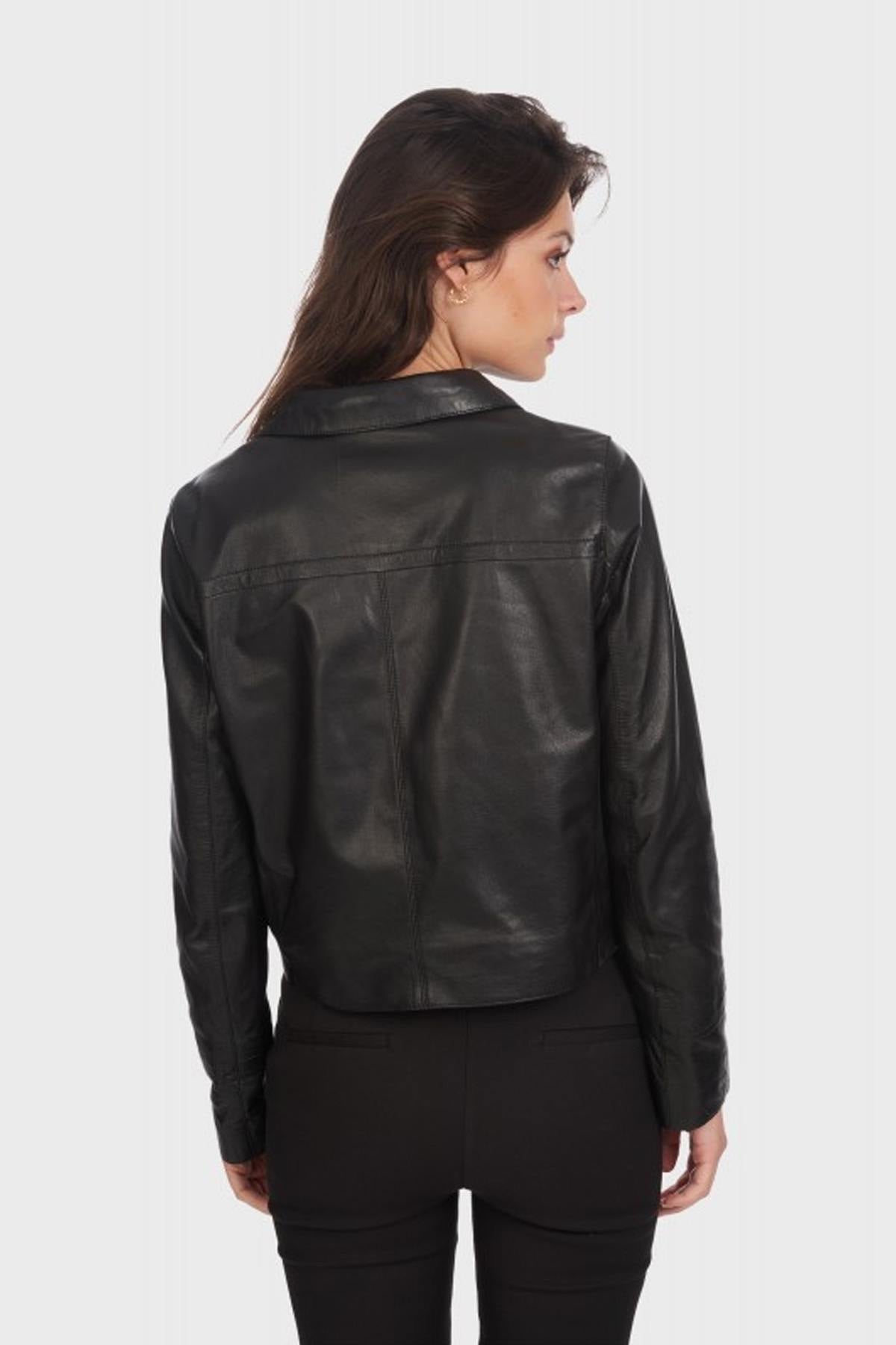 Cropped black sheep leather blazer-sharp, sensual, and bold. - Image n°3