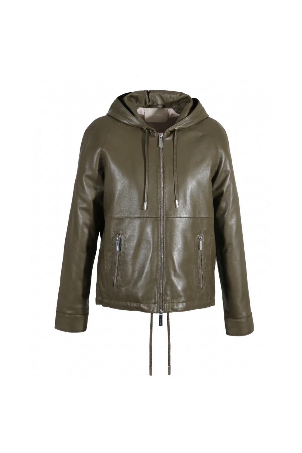 Hooded khaki sheepskin leather jacket - Image n°5