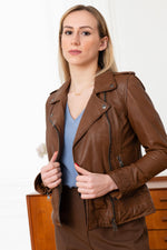 Cognac sheep leather biker jacket, regular fit, metallic zips. - Image n°1