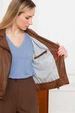 Cognac sheep leather biker jacket, regular fit, metallic zips. - Image n°7
