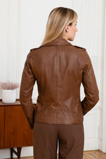 Cognac sheep leather biker jacket, regular fit, metallic zips. - Image n°4